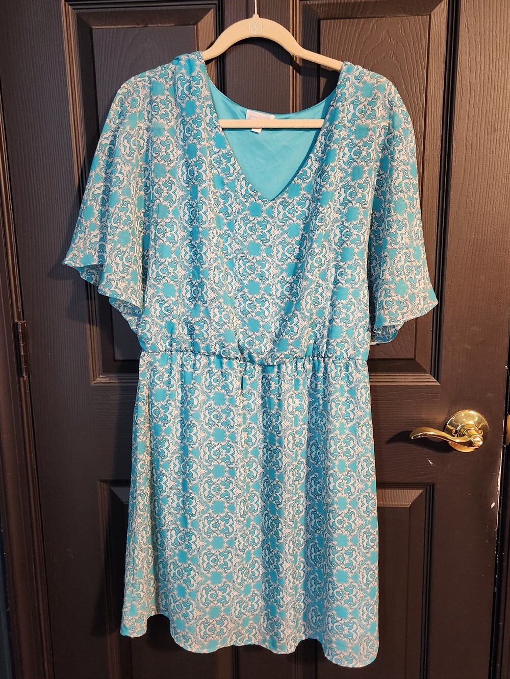 Charming Charlies Teal Patterned V-Neck Midi Dress